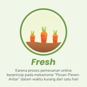 Fresh karena proses pemesanan online berprinsip pada mekanisme “Pesan-Panen-Antar” dalam waktu kurang dari satu hari.